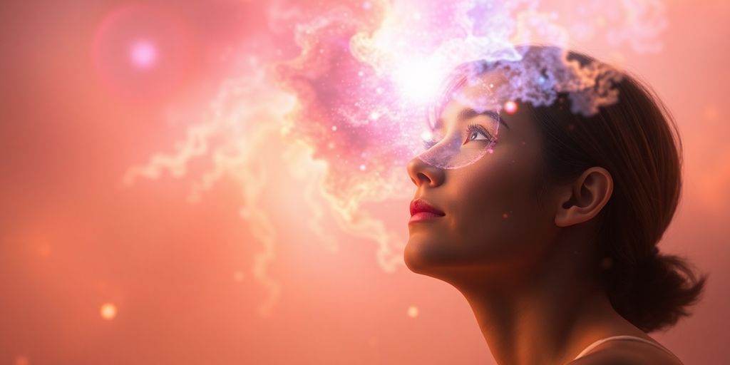 Person looking thoughtfully at a vibrant, abstract swirl of colors.