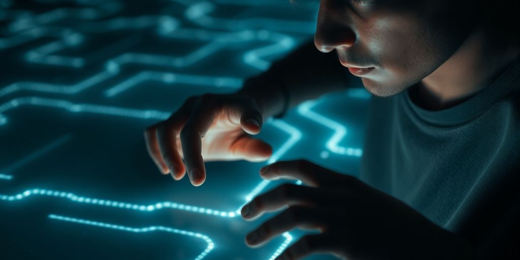 Person navigates a shadowy, winding online path.