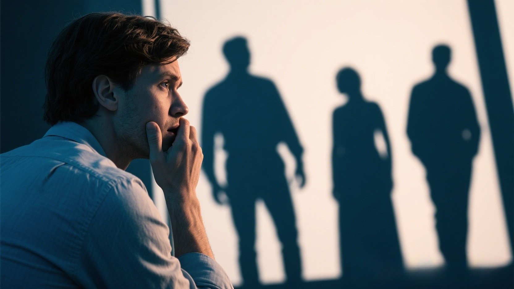 Person observing shadowy figures with concern.