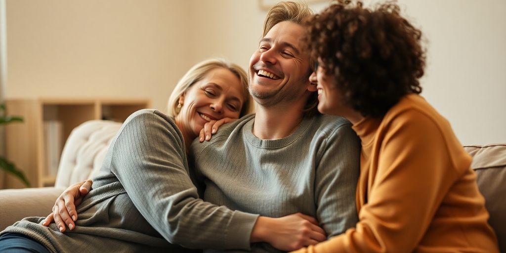 Person peacefully embracing multiple partners.
