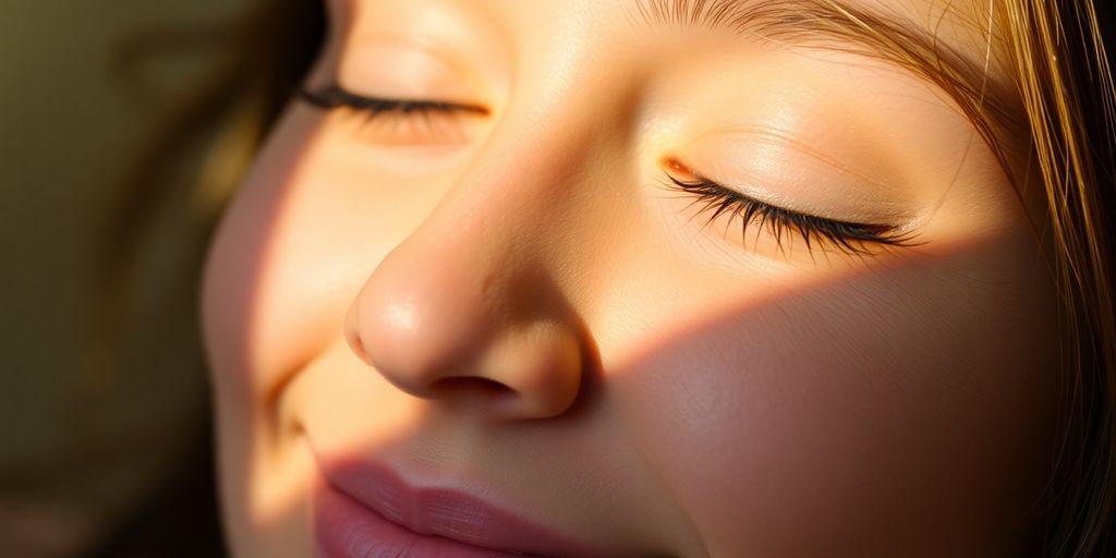 Person relaxing, content, surrounded by soft light