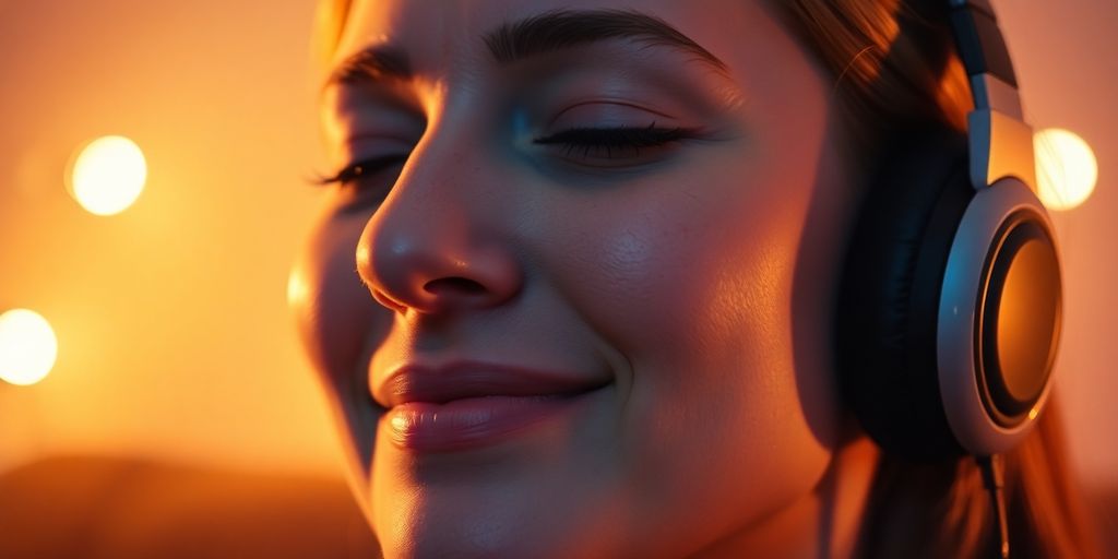 Person relaxing, listening to music, soft lighting.