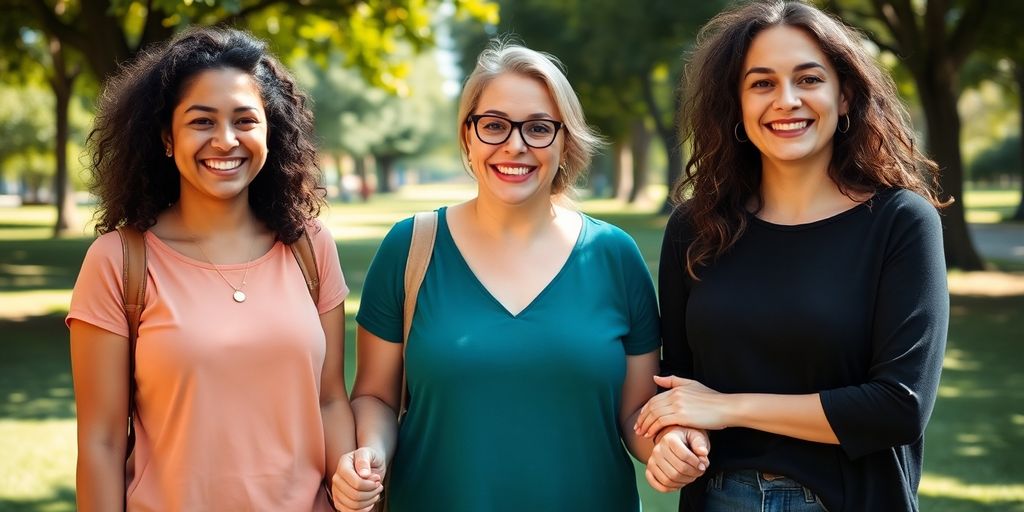 Person smiling, holding hands with two partners.