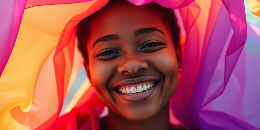 Person smiling, surrounded by diverse, colorful abstract shapes.