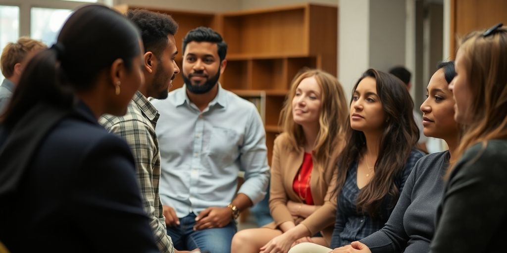 Polyamorous couple discussing boundaries with a soft background.