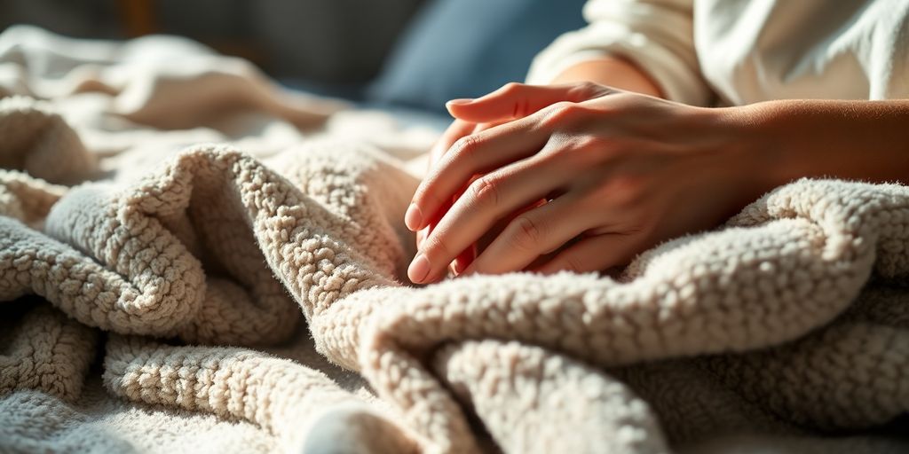 Relaxed person in bed, soft light, cozy blankets.
