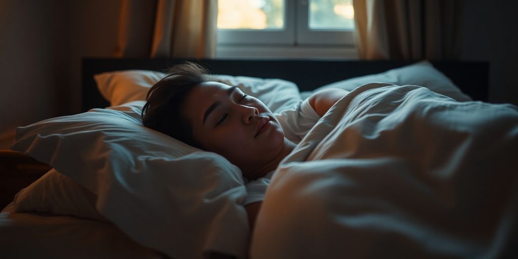 Relaxed person in bed, soft light.
