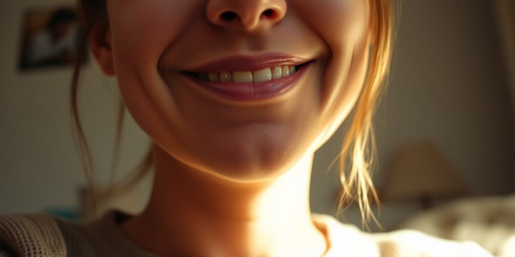 Relaxed person smiling, soft lighting, comfortable setting.