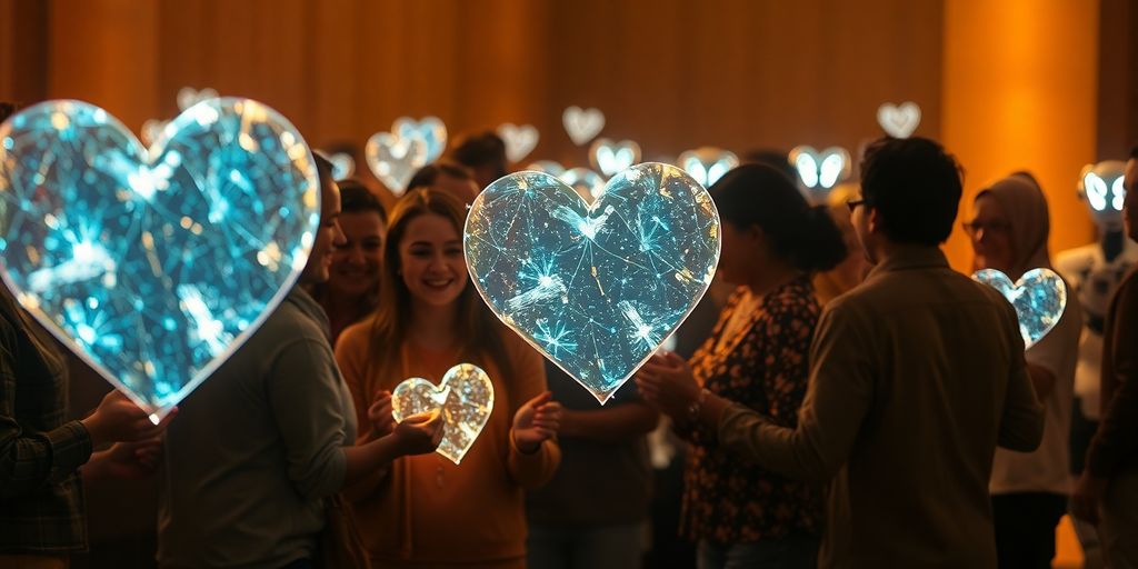 Robots, hearts, glowing pixels, diverse people.