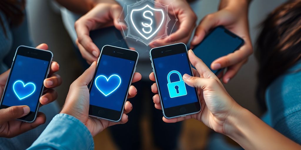 Secure phones, diverse hands, digital hearts, AI shield.