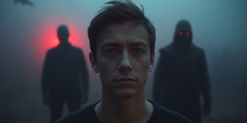 Shadowy figures, one person, red warning light.