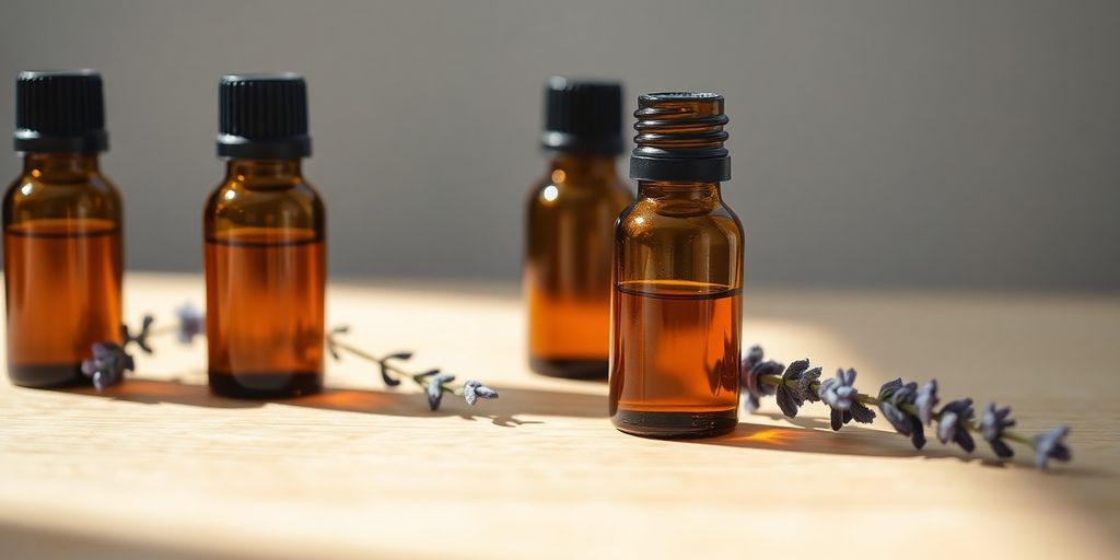 Small bottles of essential oils on a wooden table.