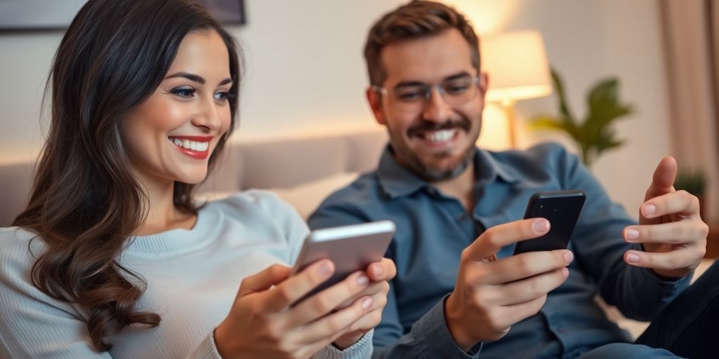 Smiling long-distance couple using matching remote-controlled devices during video call.