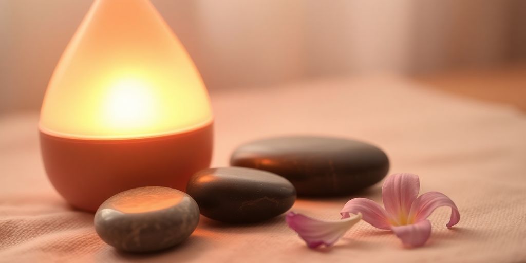 Soft lighting, gentle textures, aromatherapy diffuser, peaceful scene.