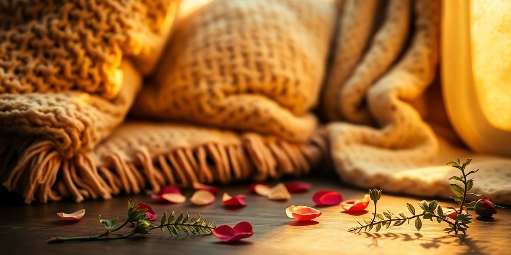 Soft lighting, lush fabrics, scattered petals, comfy pillows.