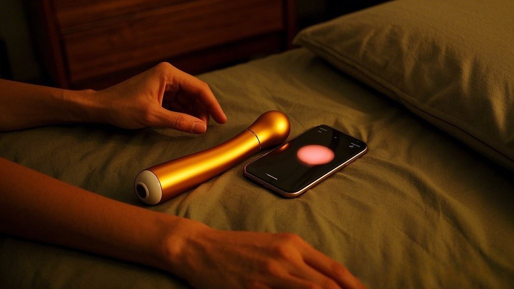 Softly-lit bedroom scene with long-distance vibrator beside smartphone and hands.