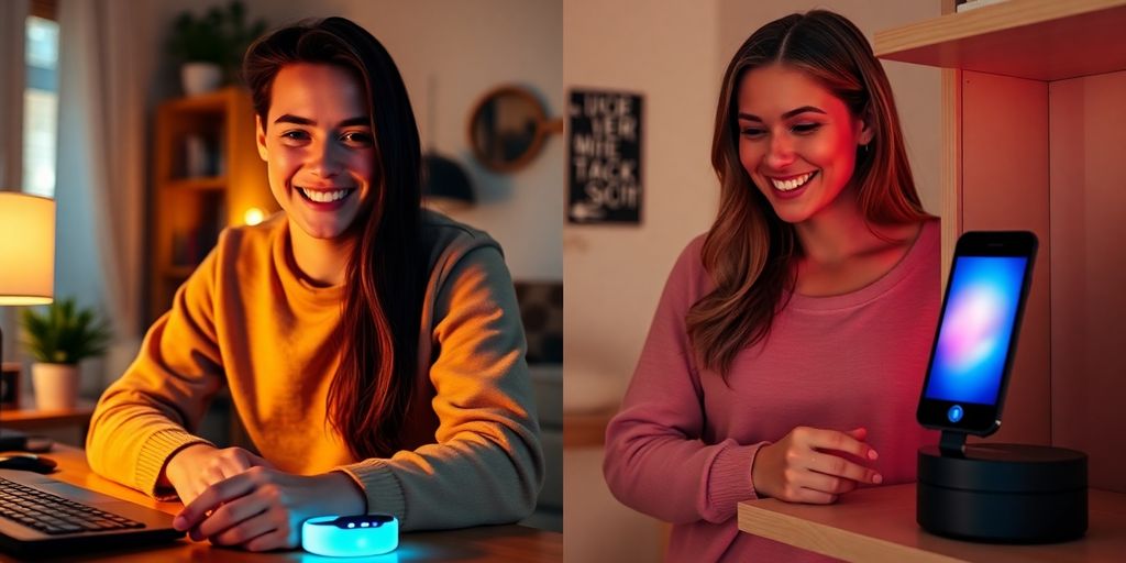 Split-screen couple using simple vibrating toy and deluxe interactive device