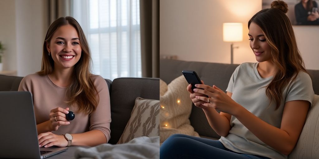 Split screen of two women controlling vibrators during video call