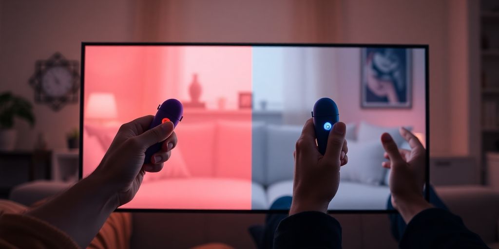 Split-screen photo of couple smiling, holding remote-controlled vibrators on couches.