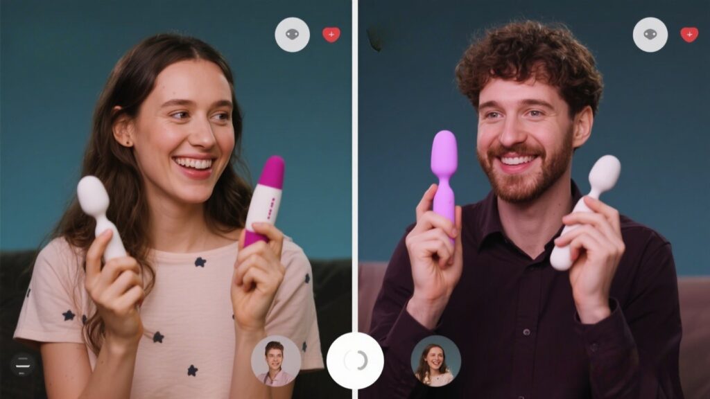 Split-screen video call with two people each holding modern toys