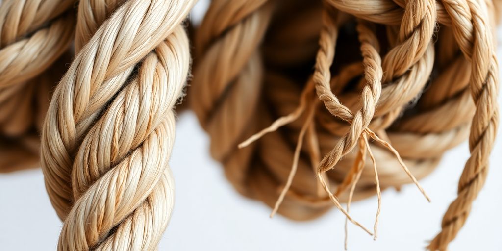 Tangled ropes, one smooth, one frayed.