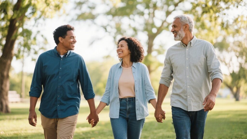 Three adults, diverse, holding hands, park.