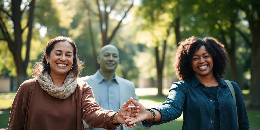Three adults, diverse, holding hands, smiling.
