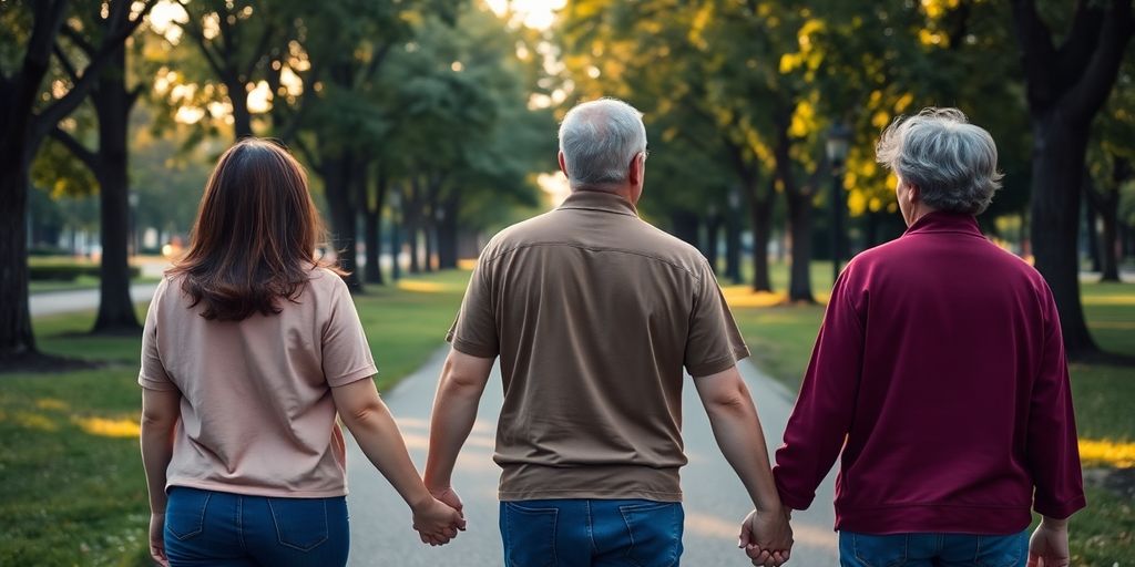 Three adults, diverse, holding hands, walking in a park.