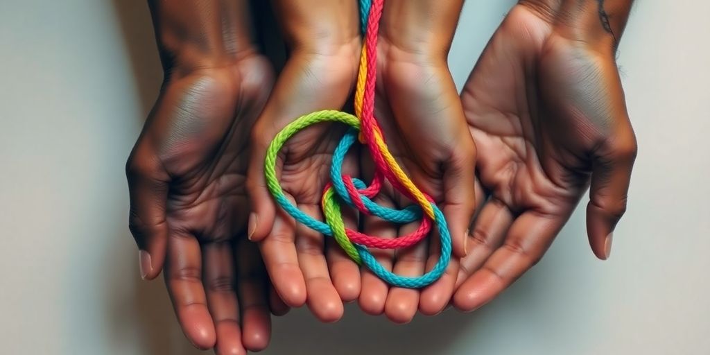 Three hands, brightly colored threads