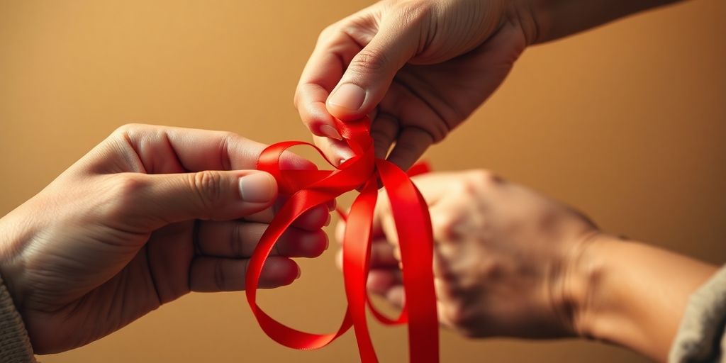 Three hands gently holding intertwined red ribbons.