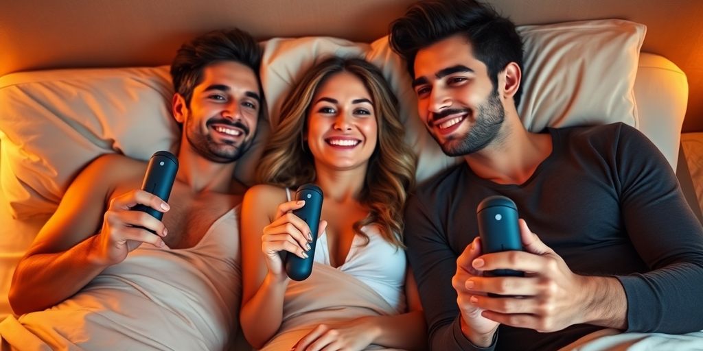 Three partners using sleek couple toys with remote controls, smiling.