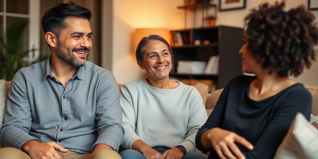 Three people calmly interacting in a cozy living room.