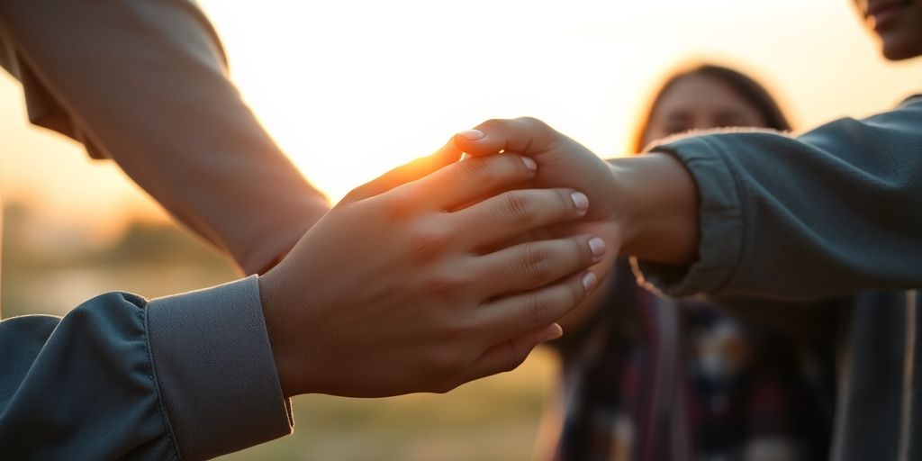 Three people holding hands in a park