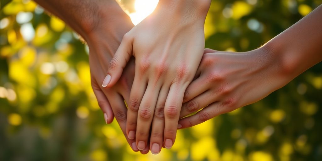 Three people holding hands in a park.