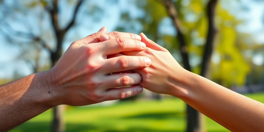 Three people holding hands in a park.