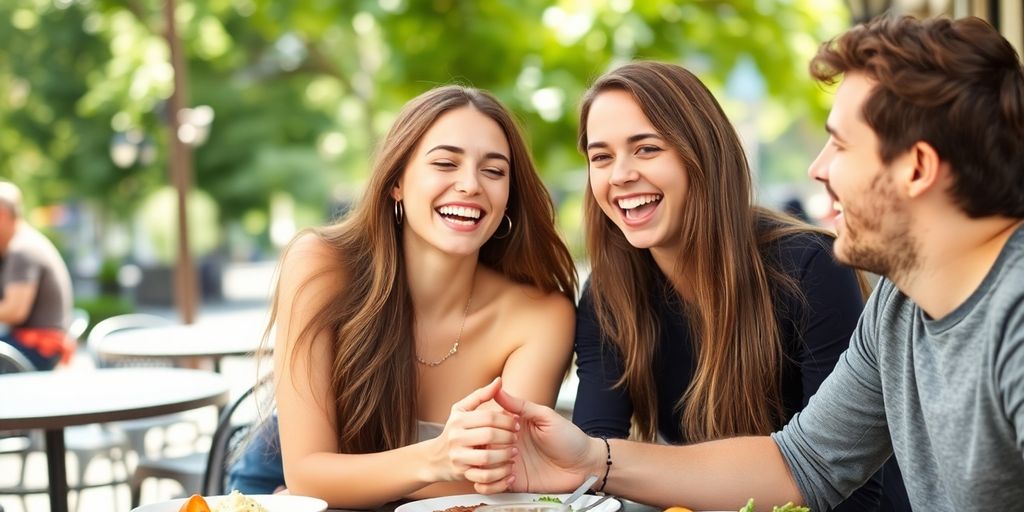 Three people on a date, smiling