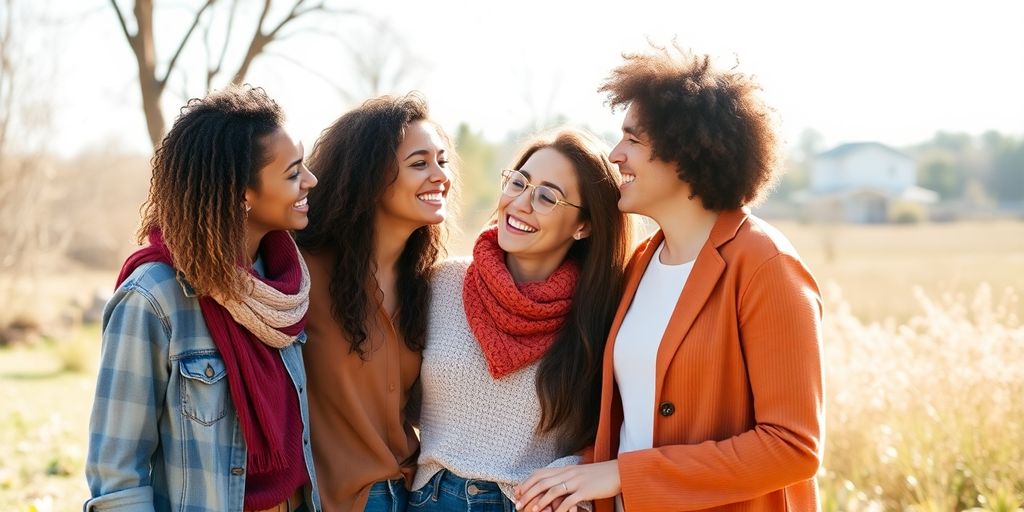 Three people smiling, holding hands in a park.