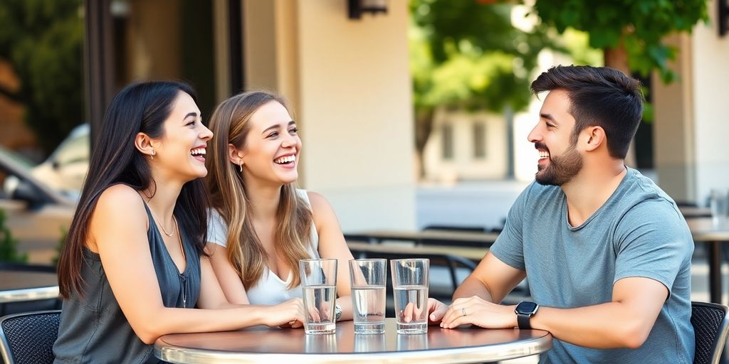 Three smiling people on a date.