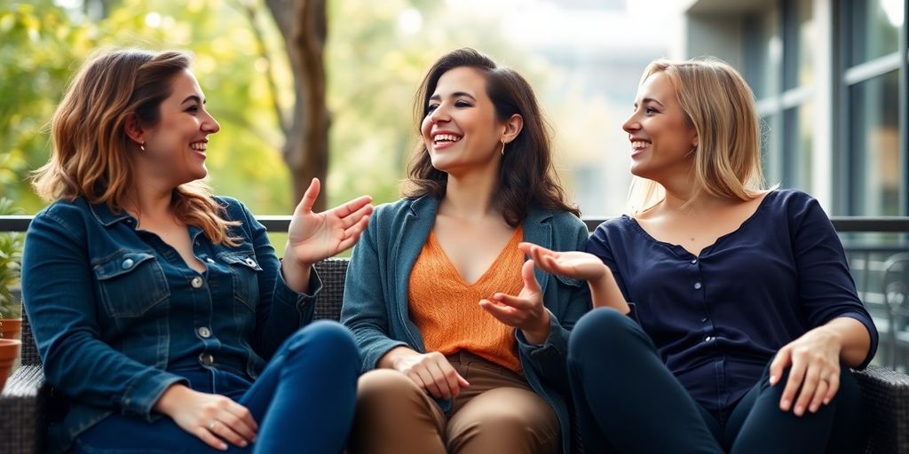 Three smiling women relax together outside.