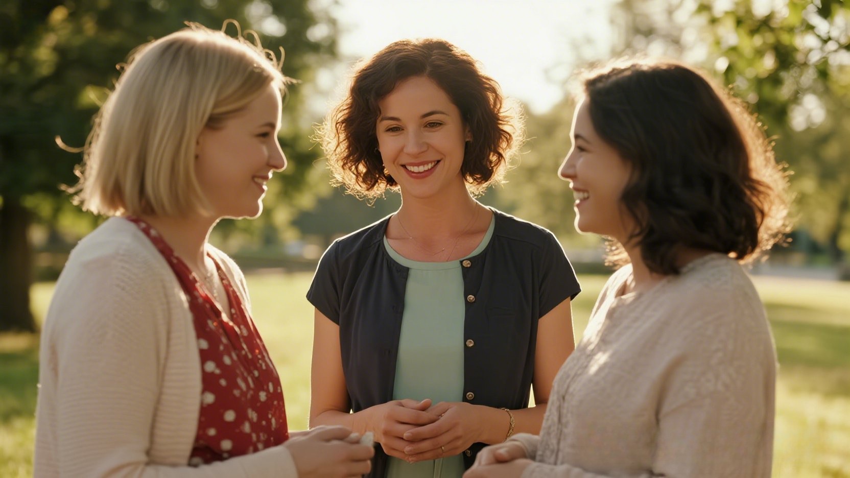 Three women connecting in a park