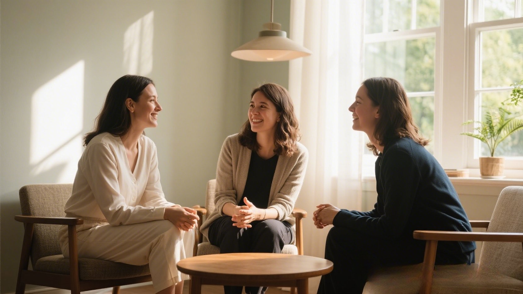 Three women conversing in a sunlit room.