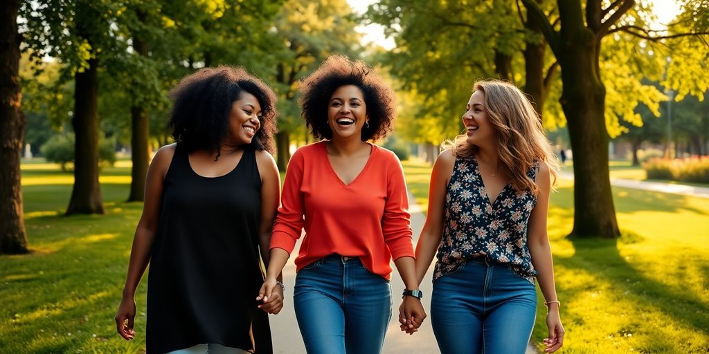 Three women holding hands, laughing, walking in park.