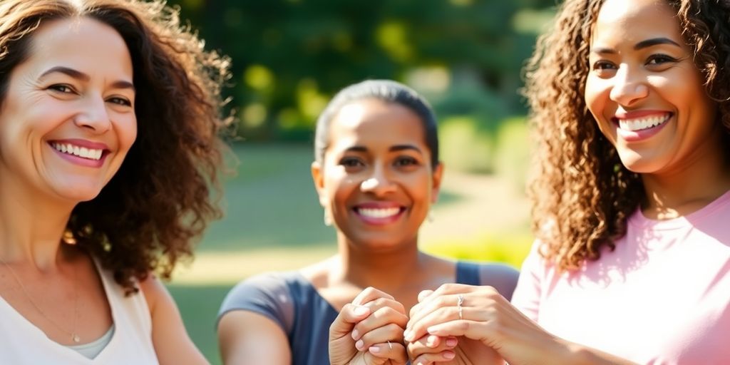Three women holding hands, smiling in sunlight.