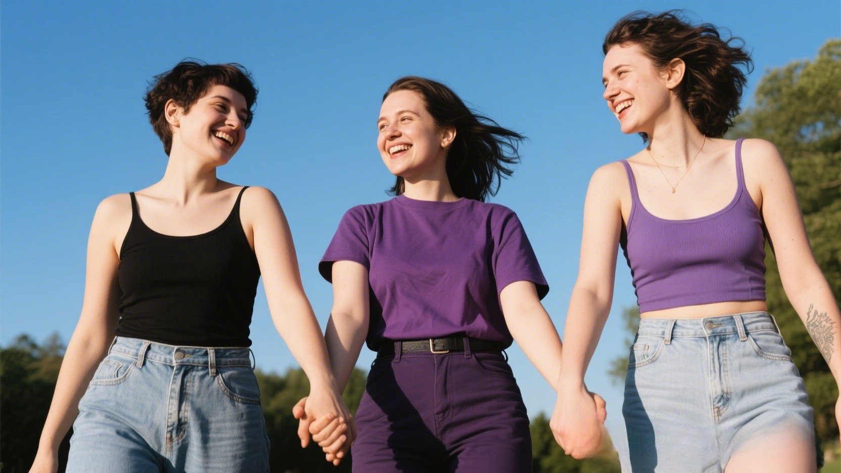 Three women holding hands, smiling, outdoors.