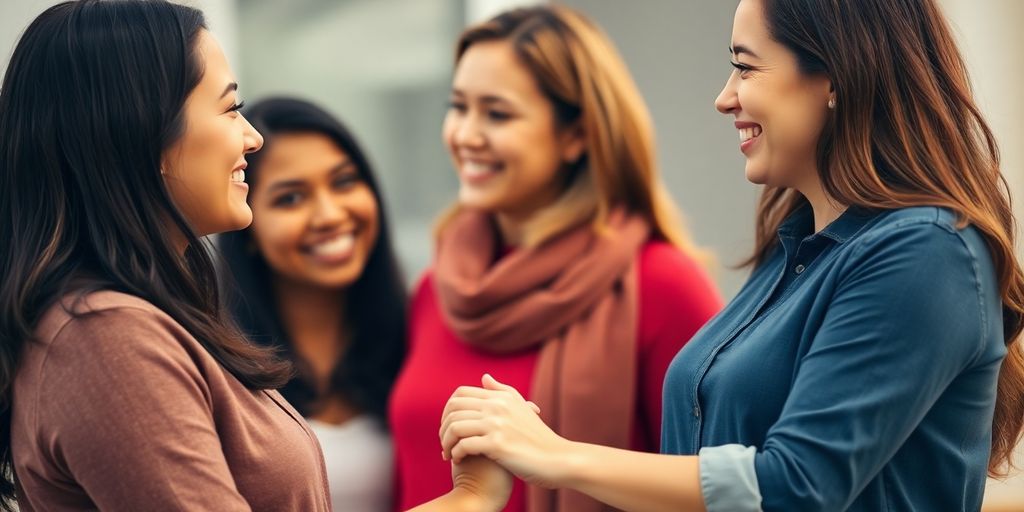 Three women holding hands, smiling.