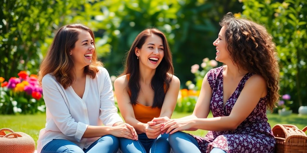 Three women in garden, laughing, holding hands.