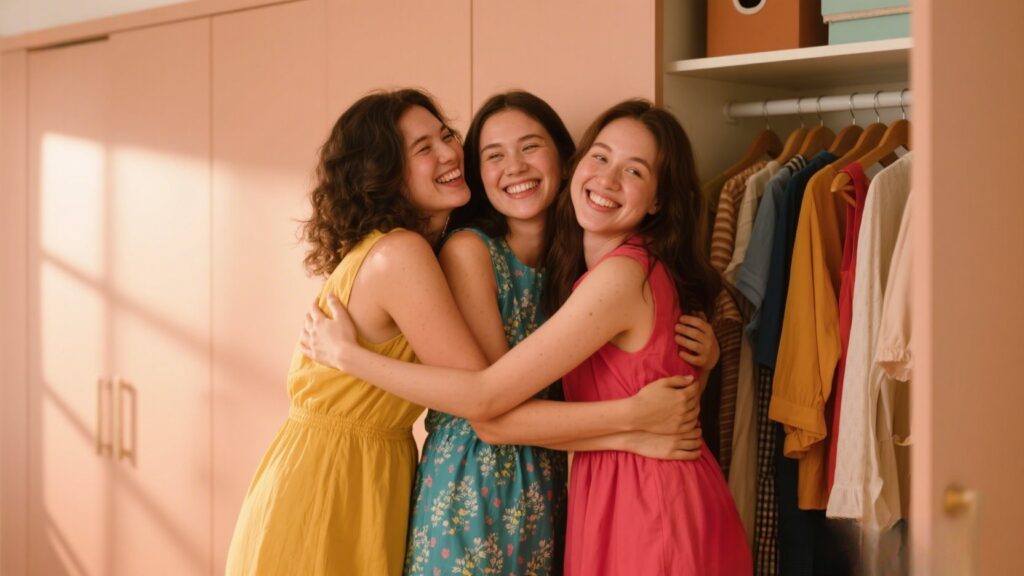 Three women smiling, hugging in a shared closet.