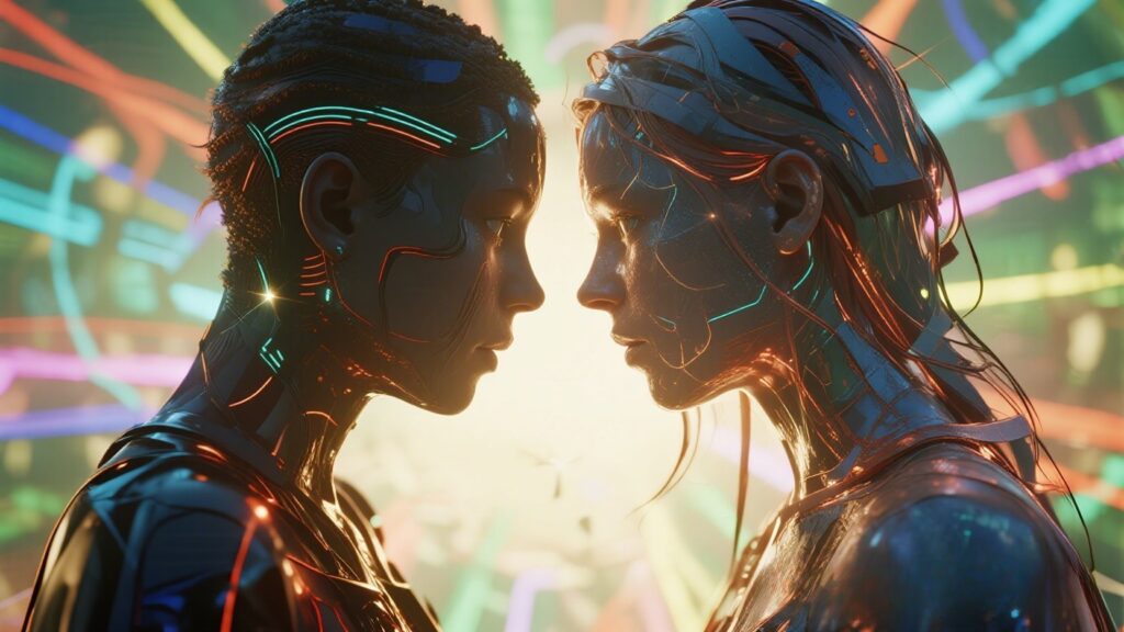 Two abstract figures connecting with soft, colorful light.