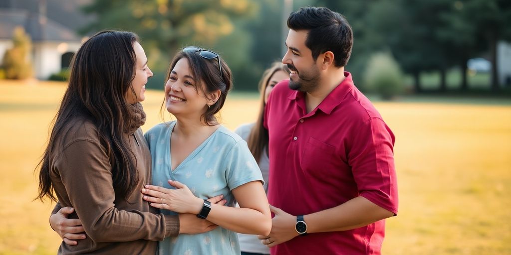Two couples sharing a warm embrace outdoors.