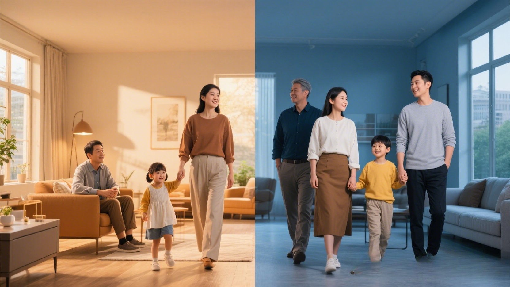 Two families, distinct yet connected, in a warm, open setting.